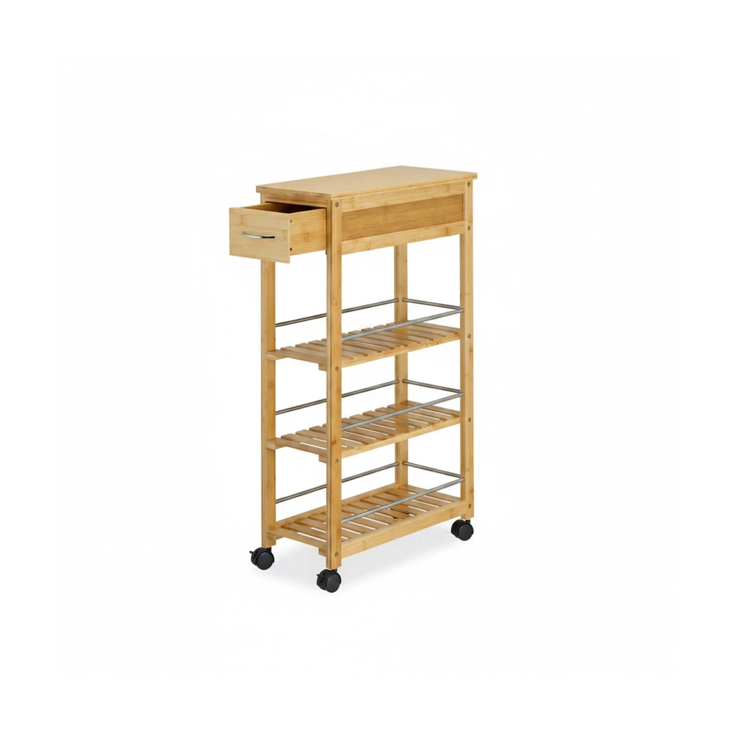 Relaxdays Küchenwagen Bambus Natur Silber mit Schublade Rollbar Feststellbar 86,5 cm x 25 cm x 50,5 cm 6 kg