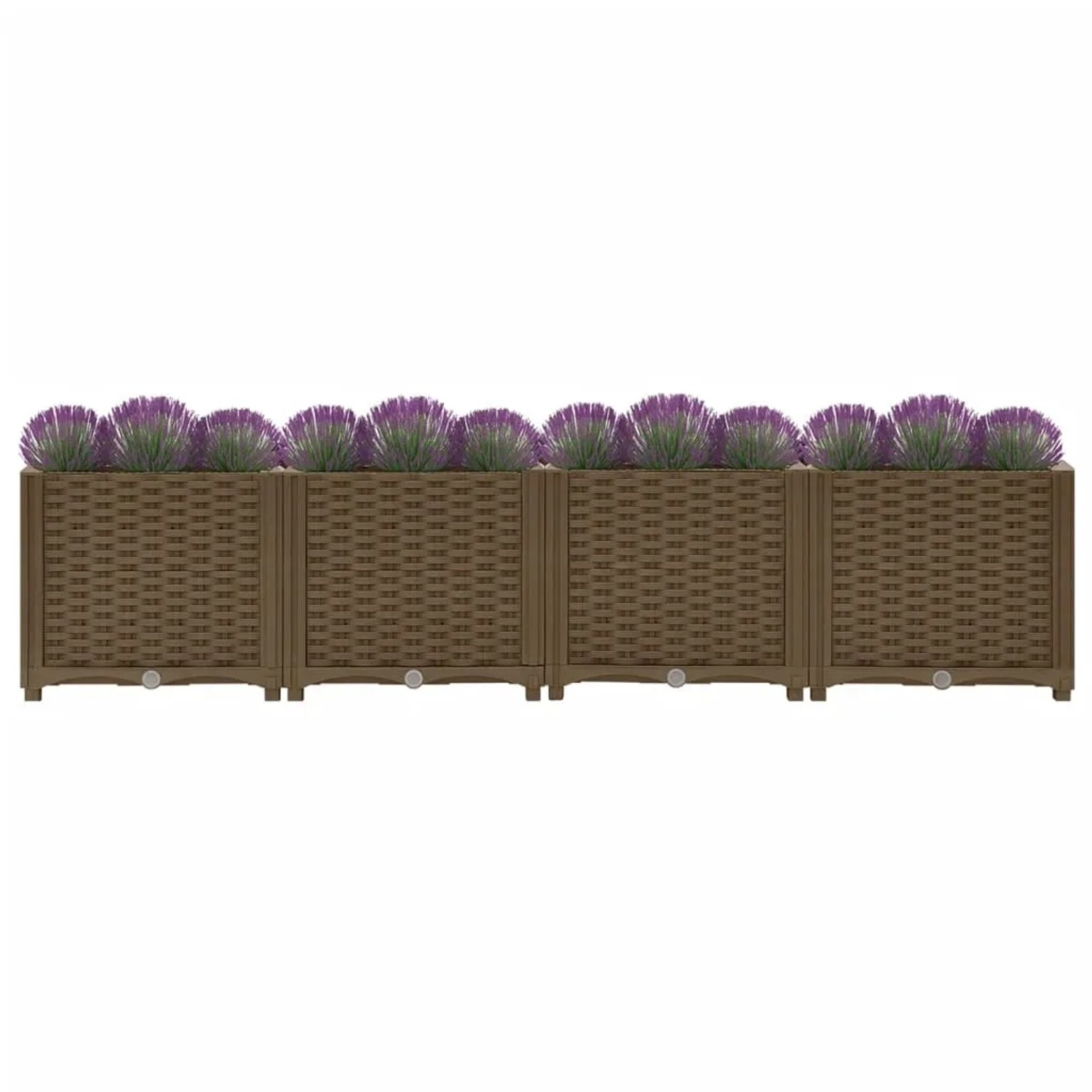 Braunes furnicato Hochbeet aus Polypropylen (160x40x38 cm) mit lila Pflanzen.
