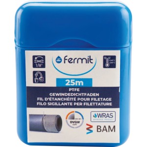 Blauer Behälter Gewindedichtfaden PTFE, 25m, für Rohre ab 1/8 Zoll, temperaturbeständig und DVGW-zertifiziert.