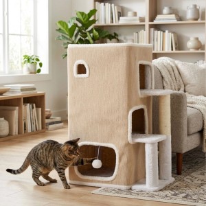 Beiges Katzenhaus aus MDF/Polyester mit 3 Etagen, Kratzstamm und Spielball. Eine Katze spielt im Eingang.