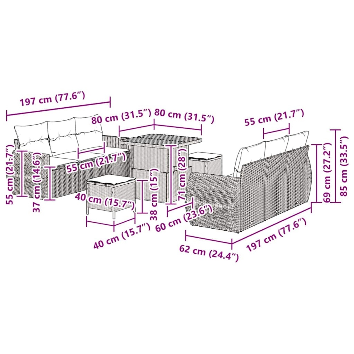 Schwarzes 9-teiliges vidaXL Garten-Sofa-Set aus Polyrattan mit Tisch und Hockern.