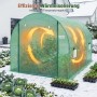 Grünes Sekey Foliengewächshaus 3x2m im verschneiten Garten. Pflanzen wachsen innen, orange Pfeile zeigen Wärmezirkulation.
