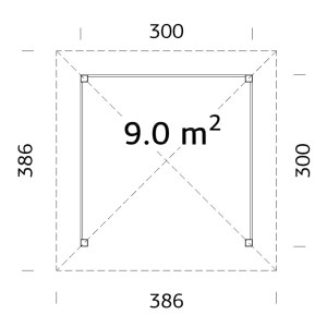 Grundriss Palmako Holz-Pavillon Betty, 300x300 cm, 9 m² Fläche, unbehandeltes Holz.