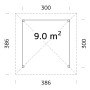 Grundriss Palmako Holz-Pavillon Betty, 300x300 cm, 9 m² Fläche, unbehandeltes Holz.