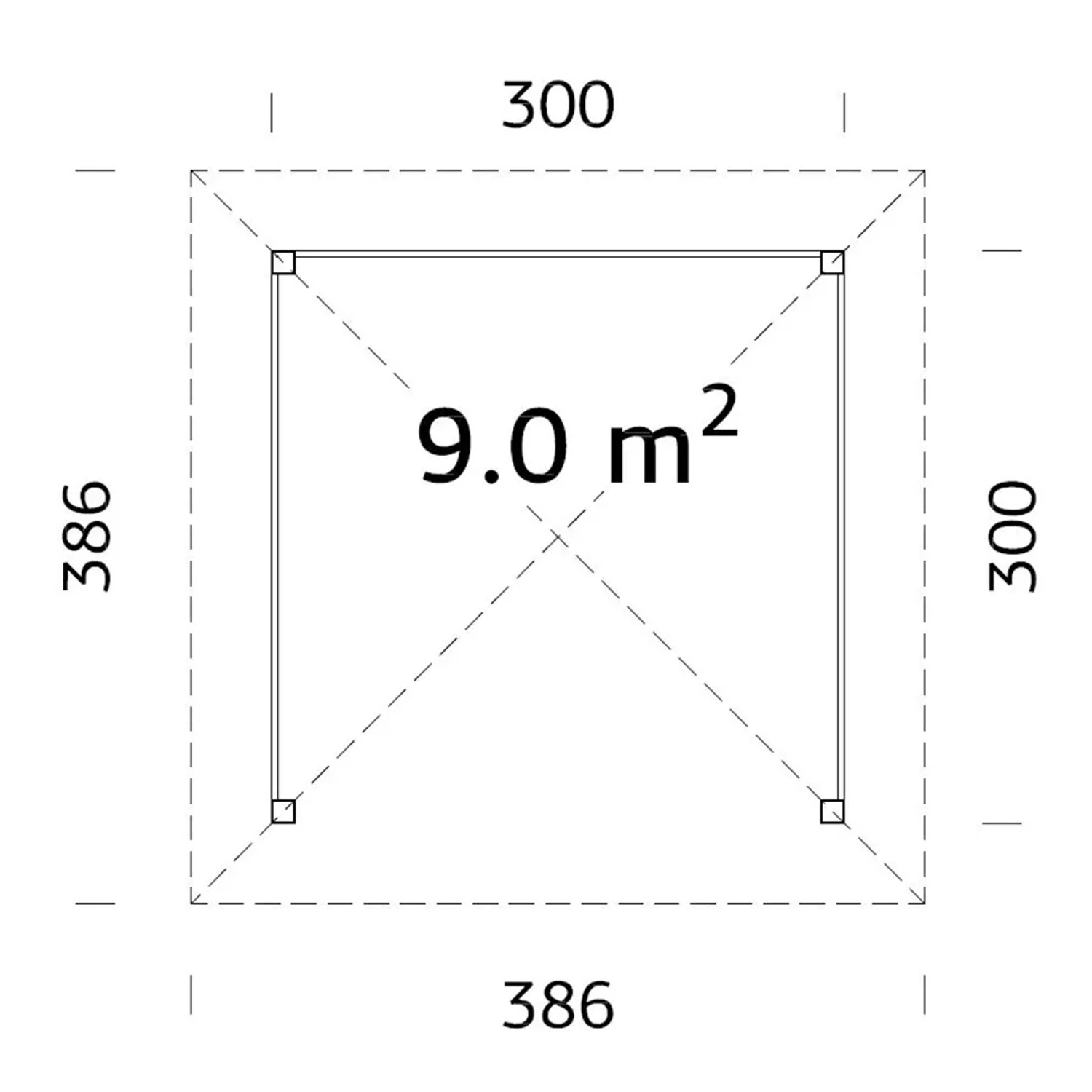 Grundriss Palmako Holz-Pavillon Betty, 300x300 cm, 9 m² Fläche, unbehandeltes Holz.