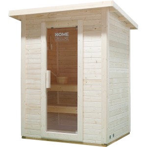 Home Deluxe Saunahaus Talo M aus Fichte mit Glastür und 4,5 kW Ofen.