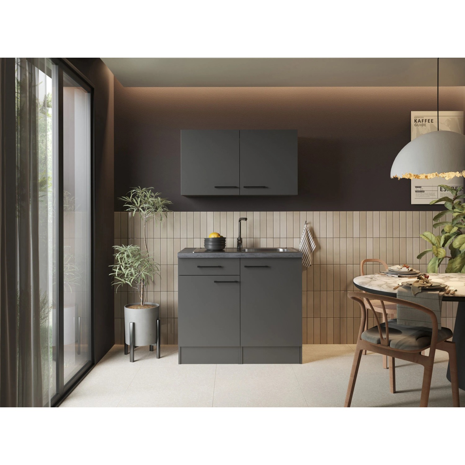 Respekta Kleinküche Oliver Set 100 cm Mit Einbauspüle Grau Matt Granit Optik