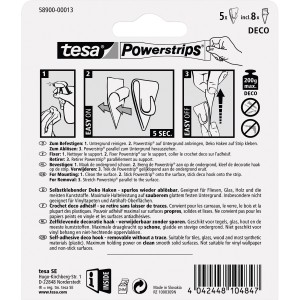 Tesa Powerstrips Deco-Haken transparent, 5 Stück mit 8 Powerstrips, zur einfachen Befestigung von Deko.
