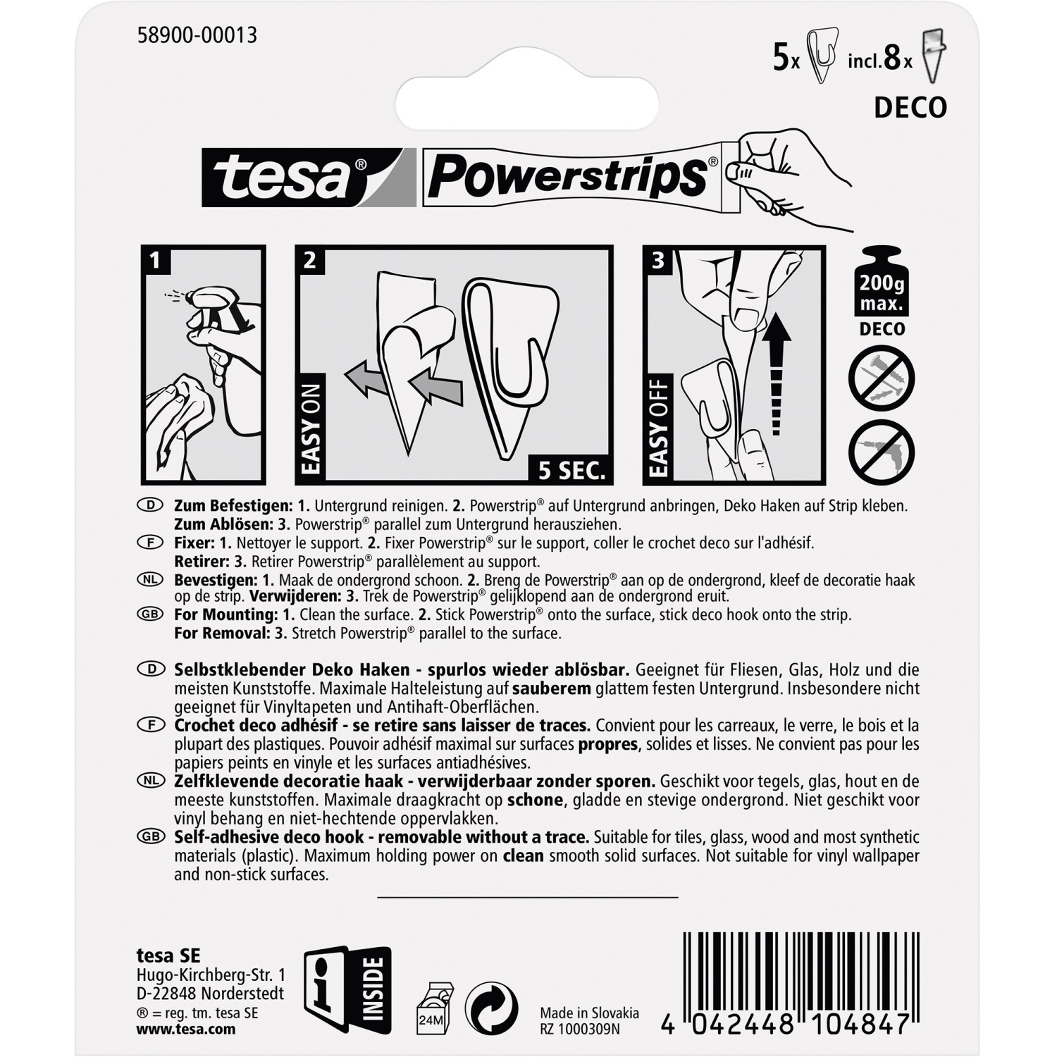 Tesa Powerstrips Deco-Haken transparent, 5 Stück mit 8 Powerstrips, zur einfachen Befestigung von Deko.