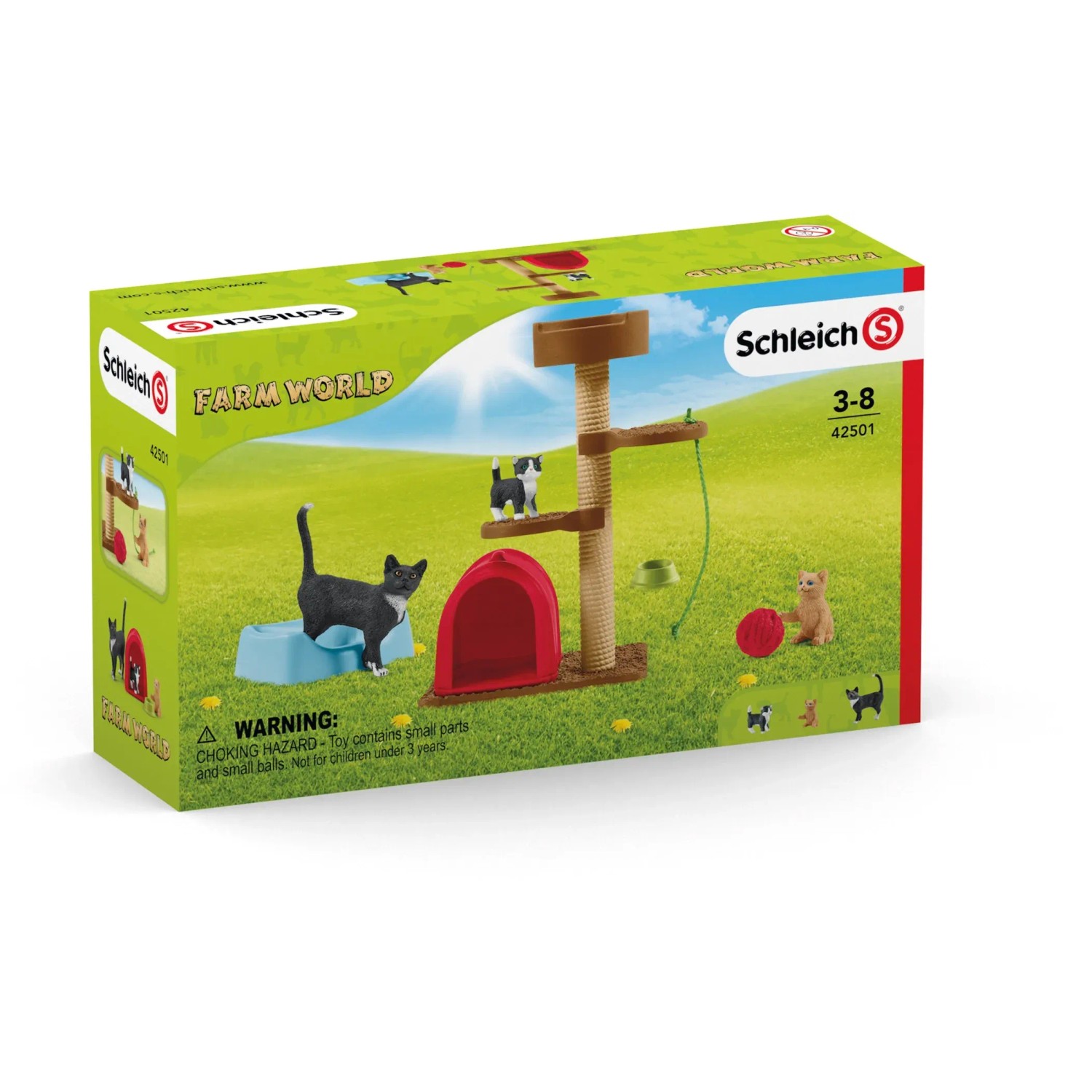 Schleich Farm World Spielset: Katzen, Kratzbaum, Häuschen, Napf und Zubehör. Ideal als Geschenk.