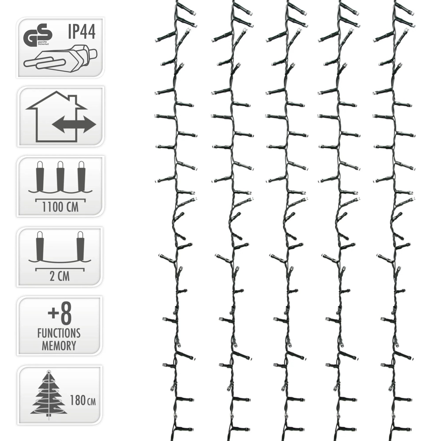 LED Cluster Lichterkette, 11m, warmweiß, für Weihnachtsbaum oder Haus, 8 Leuchtprogramme.