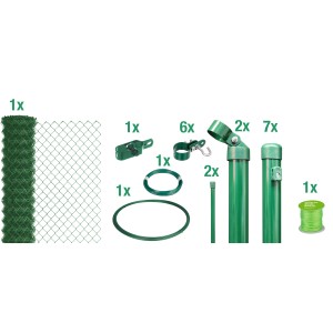 Maschendrahtzaun-Set grün zum Einbetonieren, 1x15m, mit Zaunpfosten, Streben, Drahtspannern und Zubehör.