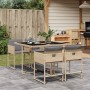 5-tlg. Garten Essgruppe aus Poly Rattan mit grauen Kissen und schwarzer Glasplatte.