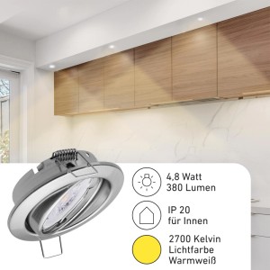 6er Set Oktaplex Dijon Einbaustrahler, dimmbar, LED, warmweiß, Edelstahl gebürstet.