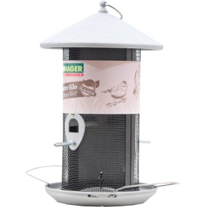 Vogelfuttersilo Happy Bird aus Metall, schwarz/silber, mit zwei Kammern und Sitzringen.