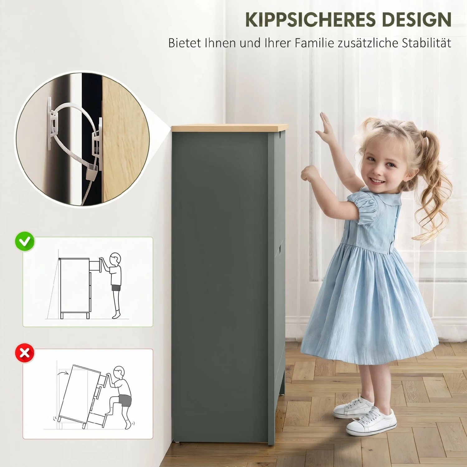 HOMCOM Schuhschrank hellgrau, Holzplatte, kippsicheres Design mit Wandbefestigung. Kind daneben. Für Flur und kleine Räume.