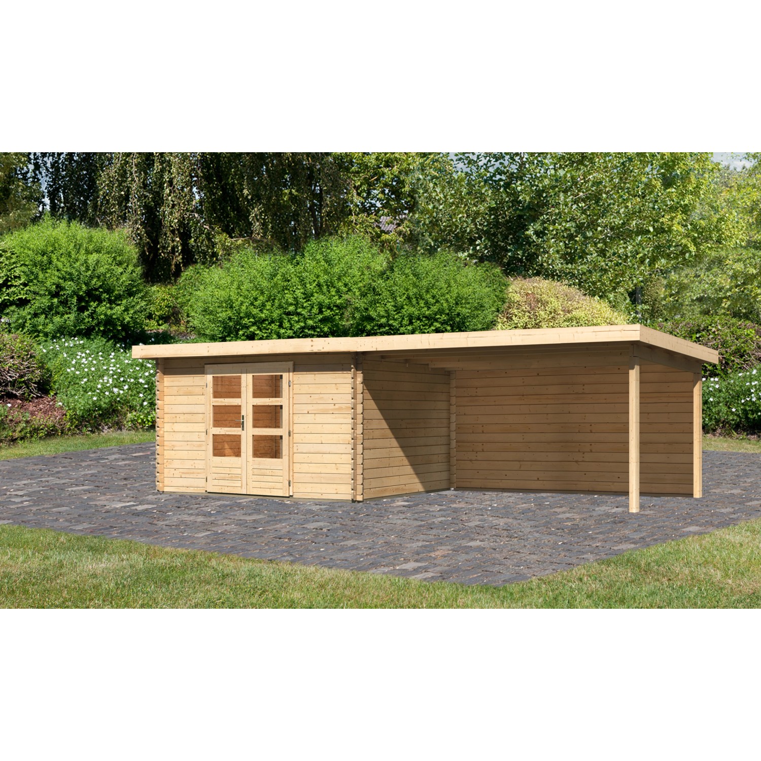 Karibu Holz-Gartenhaus Ängelholm Natur Pultdach Unbehandelt 340 cm x 280 cm günstig online kaufen