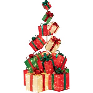 Gestapelte LED Geschenkboxen in Rot, Grün, Gold als Weihnachtsdekoration. Festlicher Baum aus 15 beleuchteten Dekoboxen.