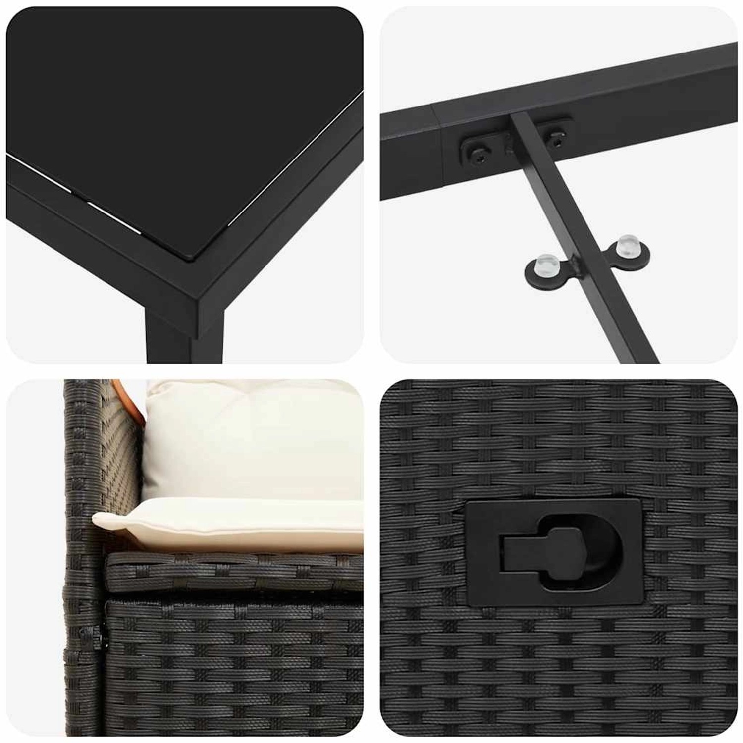 Detailansichten der schwarzen vidaXL Garten Essgruppe aus Polyrattan mit Tisch, Stuhl und Kissen.