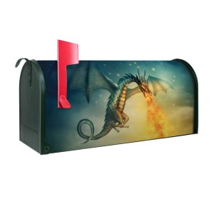 Grüner US Briefkasten mit Drachen Motiv. Amerikanischer Postkasten aus Stahl, pulverbeschichtet.