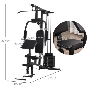 Schwarze HOMCOM Kraftstation aus Stahl und Kunstleder, 148x108x207cm, für vielseitiges Fitnesstraining.
