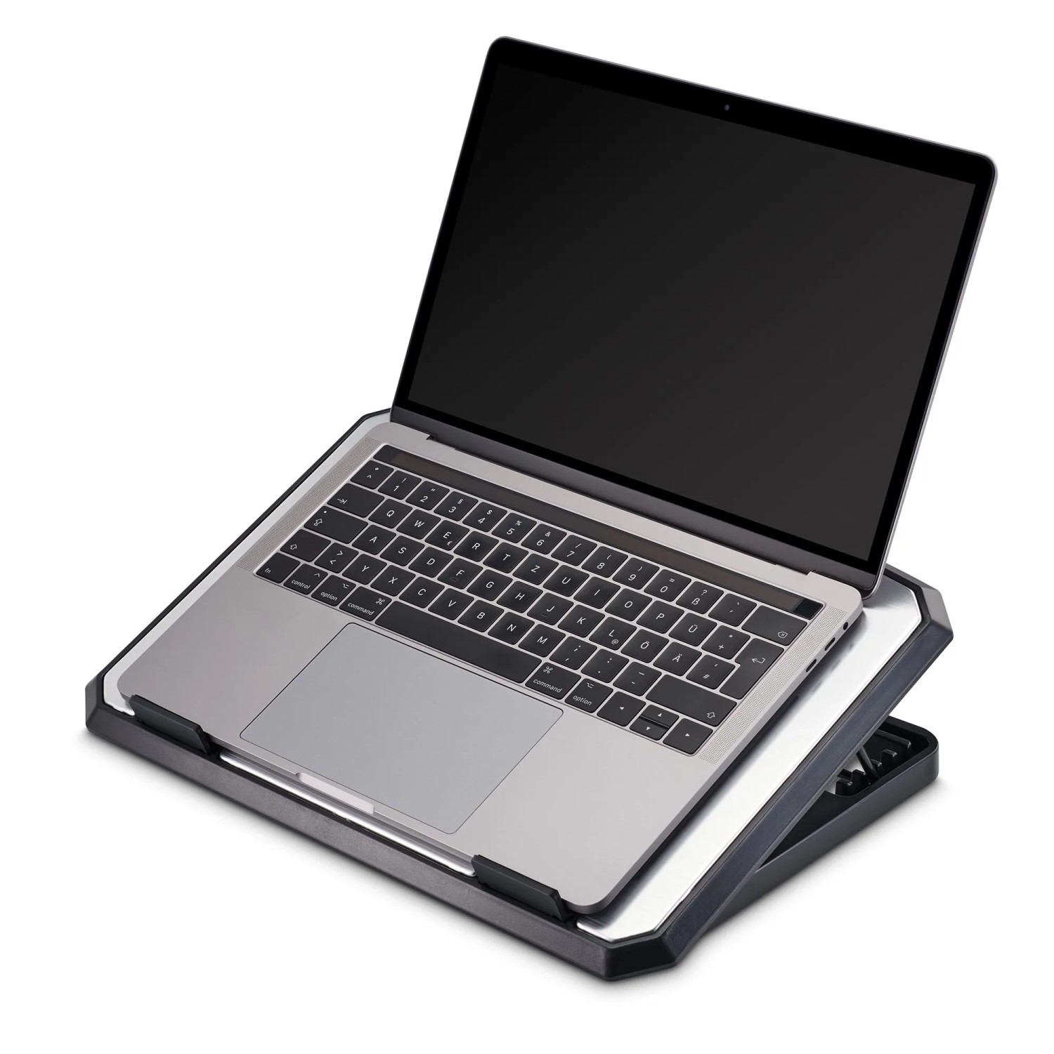 Schwarzer Hama Laptop-Kühler aus Aluminium mit zwei Lüftern und geneigter Position unter einem Laptop.