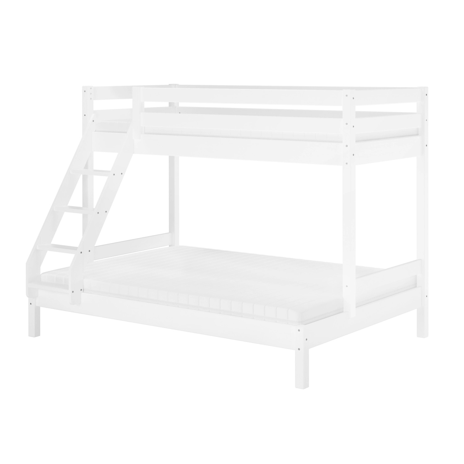 Weißes Doppel-Etagenbett aus Kiefernholz mit Leiter und Bettschubladen für Kinder und Erwachsene.