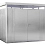 Biohort HighLine Metall-Gerätehaus in Silber-Metallic mit Doppeltür und Flachdach.