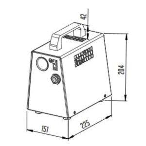 Kompakter Ich-Zapfe Mini-Kompressor VK30 für Bierzapfanlagen. Technische Zeichnung mit Griff, Bedienelementen und Maßen.