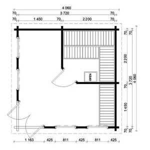 Grundriss Finntherm Gartensauna Magnus-70, 406x406 cm, naturbelassen. Saunahaus mit Maßen und Raumaufteilung.