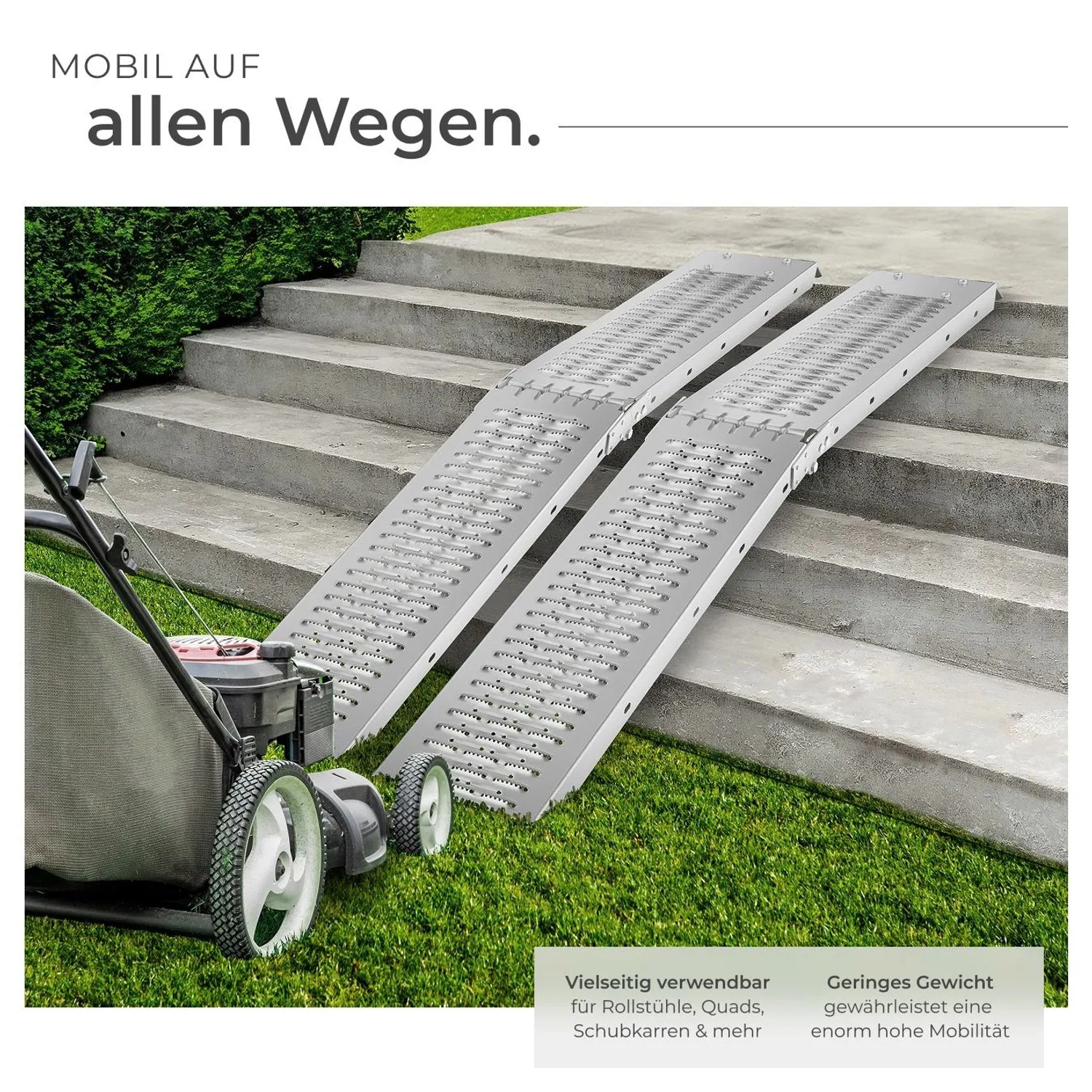 Tectake Auffahrrampen Björn, 2er Set, faltbar, silberfarben, vor Treppe und Rasenmäher.