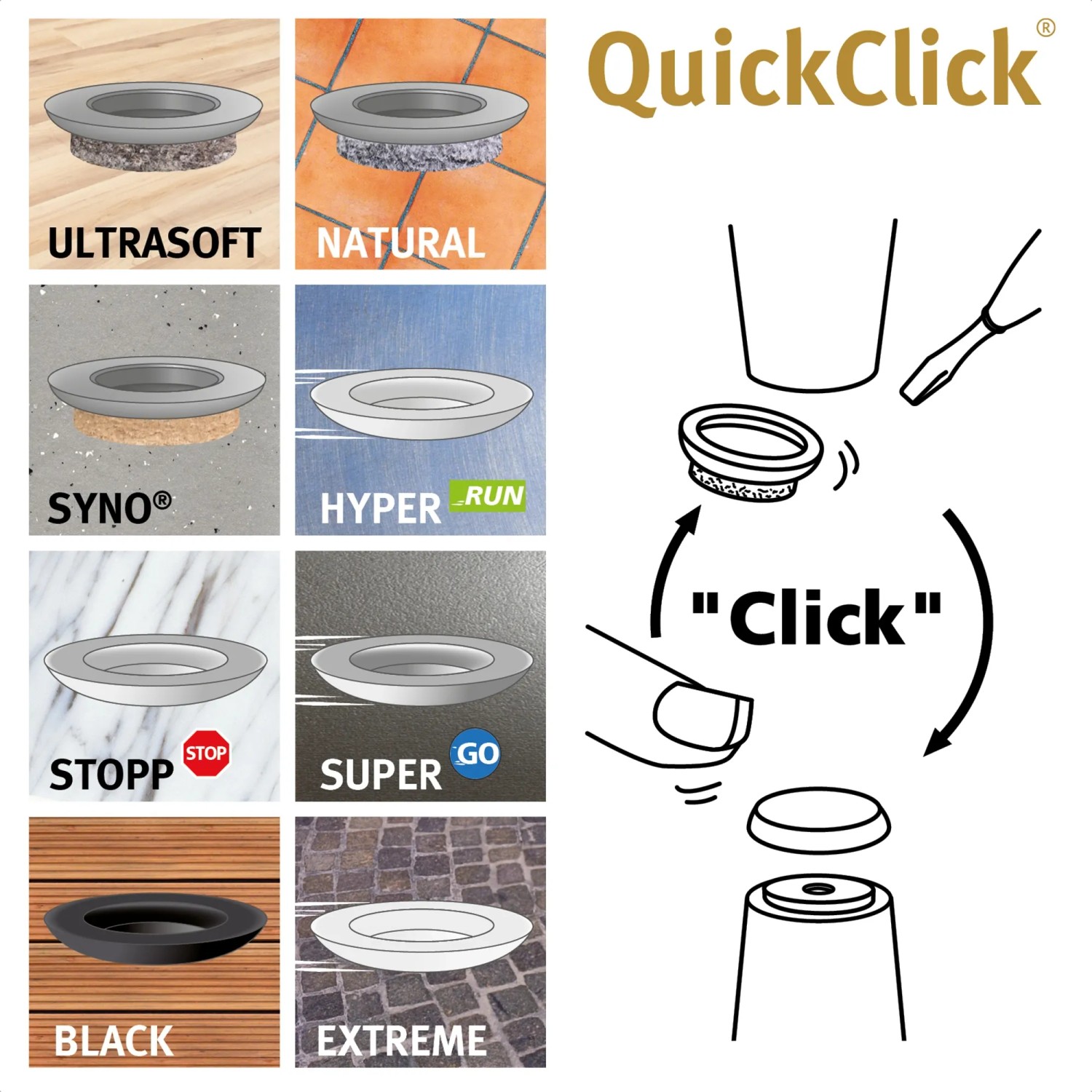 Wagner QuickClick Gleiter-Set Slim Black, 4-teilig, Ø 30mm, verschiedene Ausführungen.