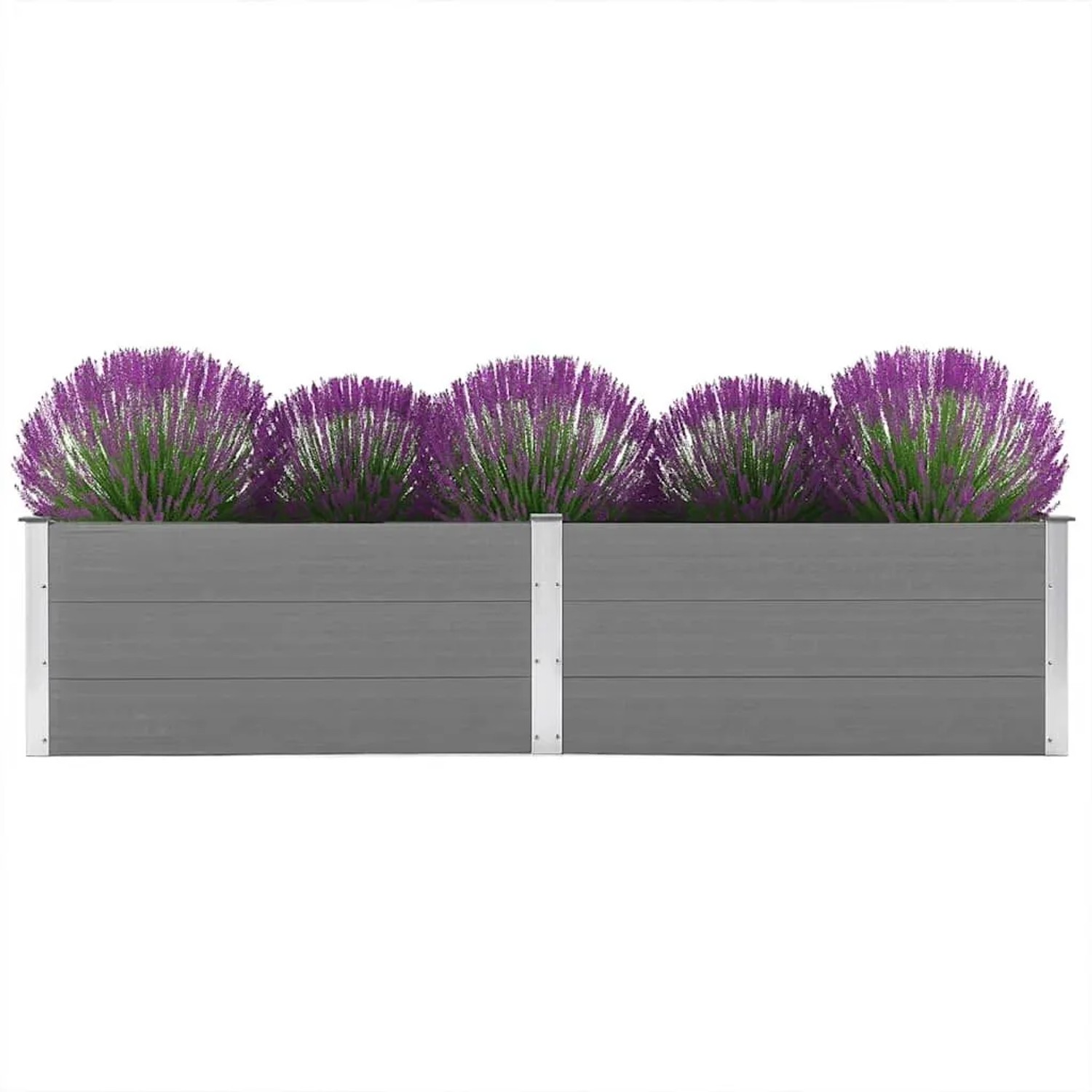 Graues Furnicato Hochbeet (250x100x54 cm) aus WPC mit Pflanzen.