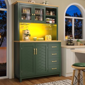 Merax Buffetschrank 105.5x40x180cm  LED-Lichtleiste  Getränkehalter  4 Türen Grün/Schwarz/Weiß