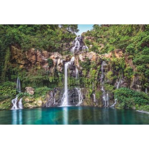 Sanders Fototapete: Landschaft mit Wasserfall, Grün und Blau, 368x248 cm. Natur für Ihr Zuhause.