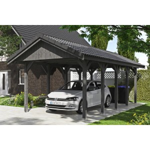 Satteldach-Carport Wallgau in Schiefergrau mit Dachlattung und Auto.