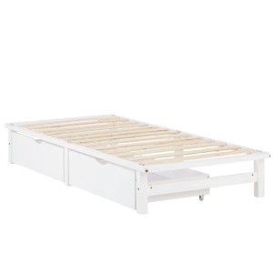 Weißes Palettenbett 90x200 cm aus Kiefernholz mit Lattenrost und 2 Bettkästen. Modernes Einzelbett.