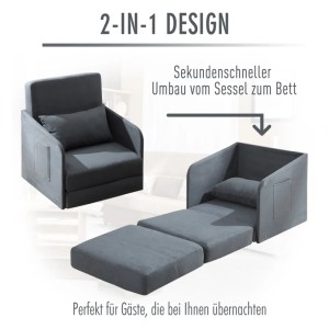 Graues HOMCOM Schlafsofa mit Seitentaschen, als Sessel und Bett nutzbar.