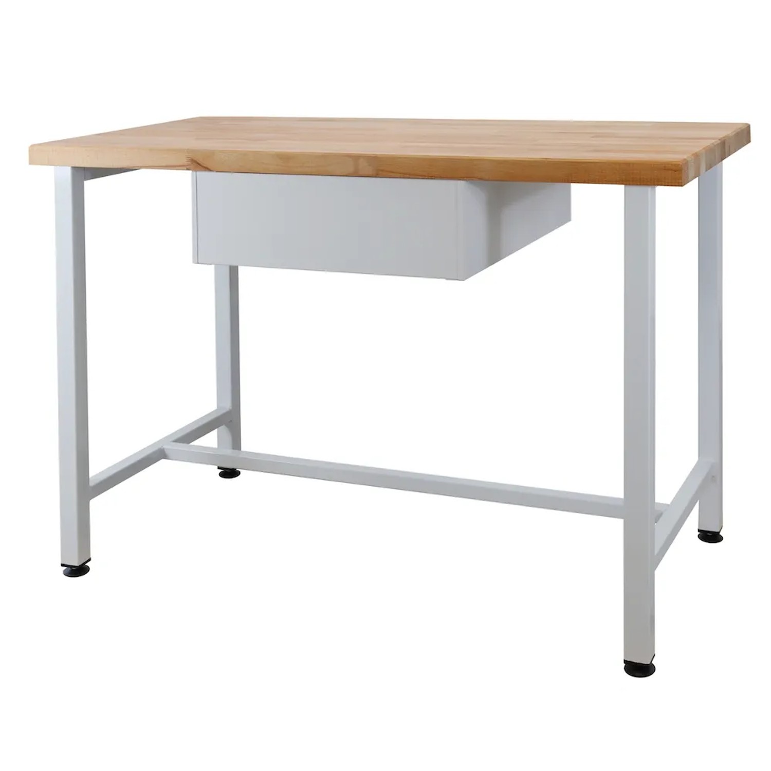 PROREGAL Werkbank Rhino mit Schublade, 120x60cm, Buche Arbeitsplatte, hellgraues Stahlgestell.