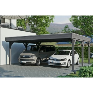 Skan Holz Carport Grunewald mit Aluminiumdach in Schiefergrau für zwei PKW.