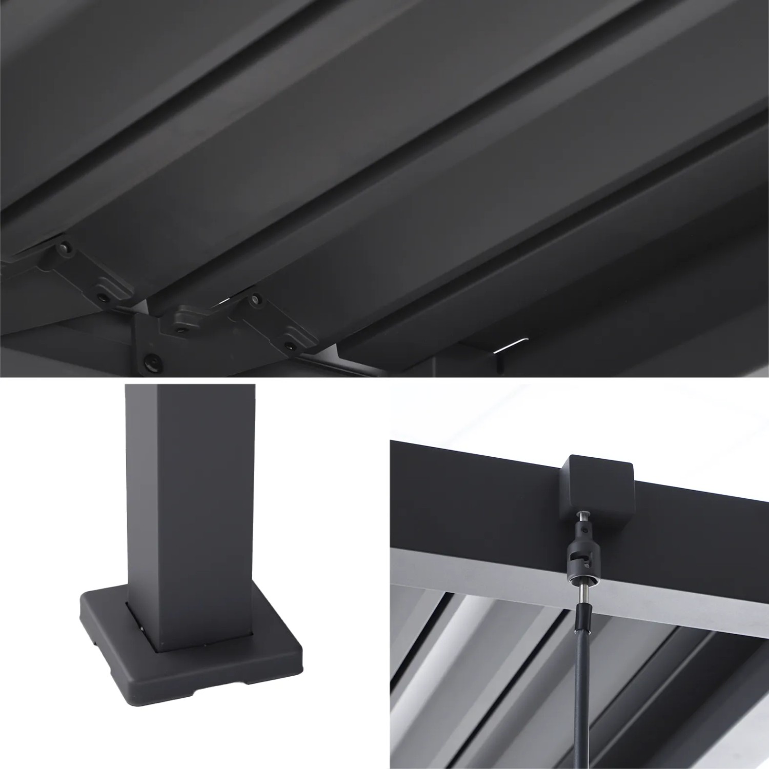 Details der MWH BBQ Pergola: Anthrazit-Lamellendach, stabiler Stahlpfosten und Verstellmechanismus für Sonnenschutz.