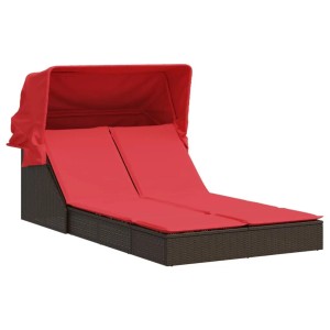 vidaXL Doppelte Sonnenliege mit Baldachin und Kissen Braun Poly-Rattan 368643