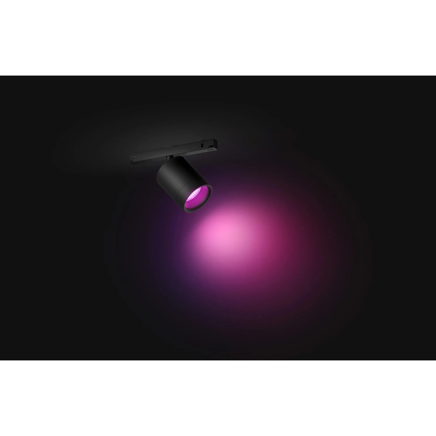 Schwarzer Philips Hue Perifo LED-Spot zur Schienensystem-Erweiterung mit farbigem Licht.