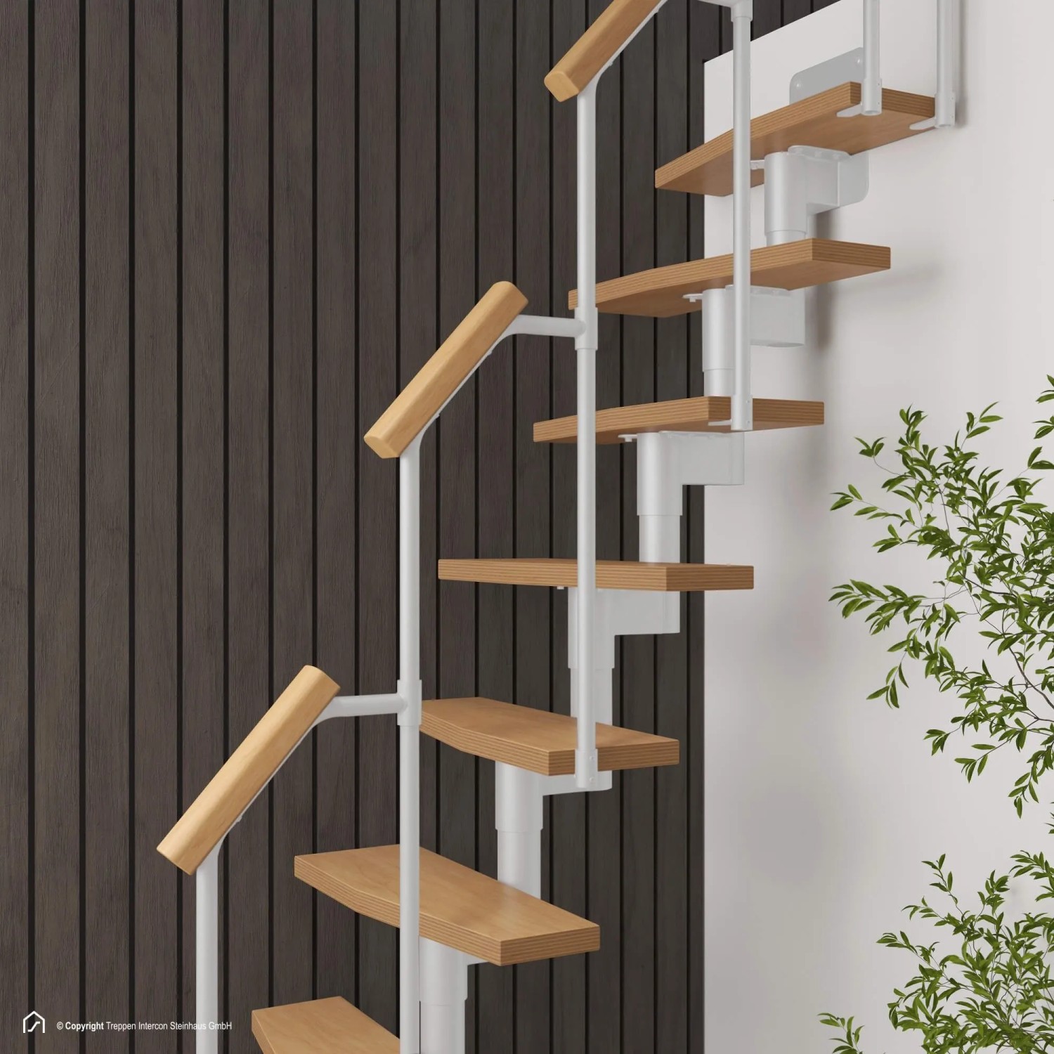Intercon Raumspartreppe Delta Premium, Buche Natur, Metall weiß, mit Geländer. Mittelholmtreppe für Innenräume.