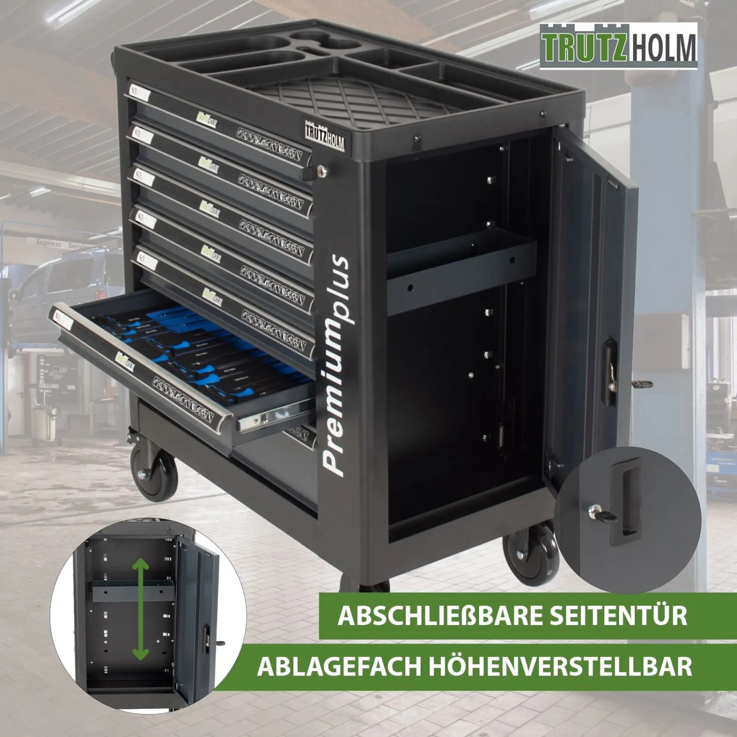 TRUTZHOLM Werkzeugwagen Premium XXL, anthrazit, mit 7 Schubladen, Werkzeug und abschließbarer Tür.