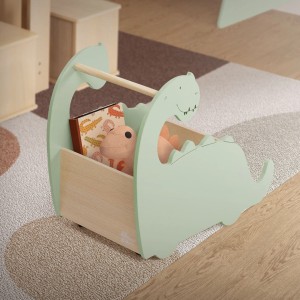 Grüne Joyz Spielzeugkiste Dino aus Holz mit 4 Rollen als Kinderregal.