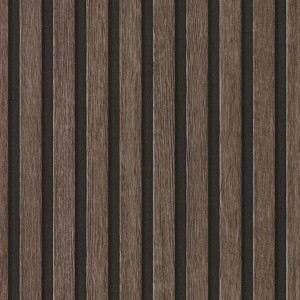Dunkelbraune Akustikpaneele Tapete in 3D Holzoptik für Büro und Wohnzimmer.