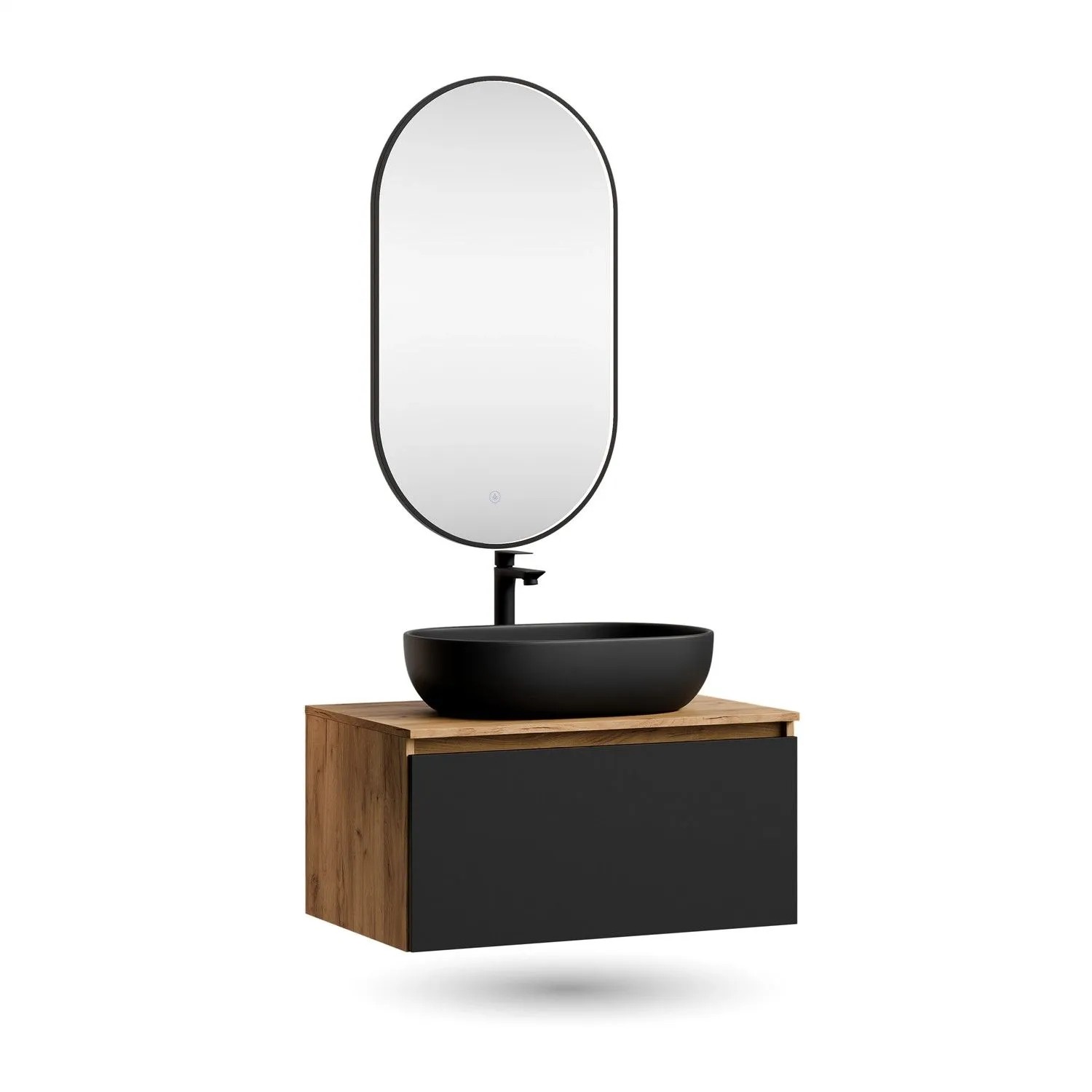 Planetmöbel ARISA Badmöbel Set 80 cm Schwarz Soft Close mit Glora LED Spiegel Oval 50 x 90 cm und Keramik Aufsatzwaschbecken Schwarz 60 cm