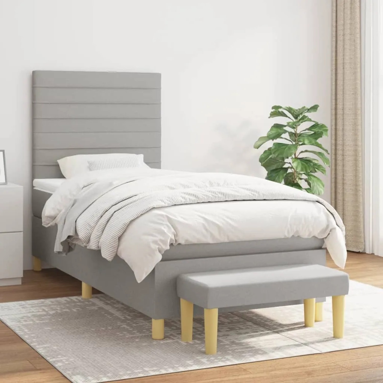 Hellgraues Boxspringbett 80x200 cm mit Matratze, Kopfteil und Bank. Stoffbezug, moderne Optik.