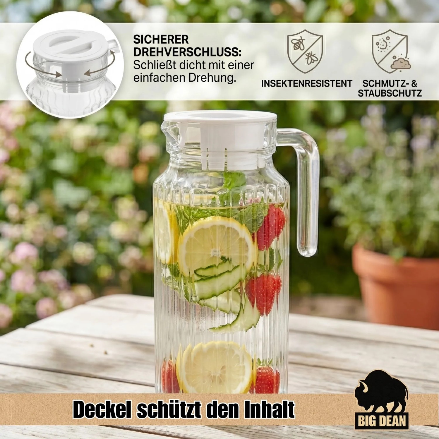 BigDean 2 Stück Kühlschrankkrug 1,1 Liter Glas Wasserkrug mit Deckel Ergonomischer Griff_5